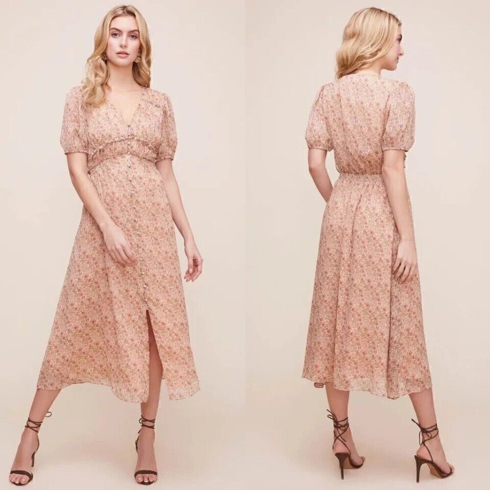ASTR Label Love Story Floral Button Front V-Neck Short Puff Sleeve Midi Dress S